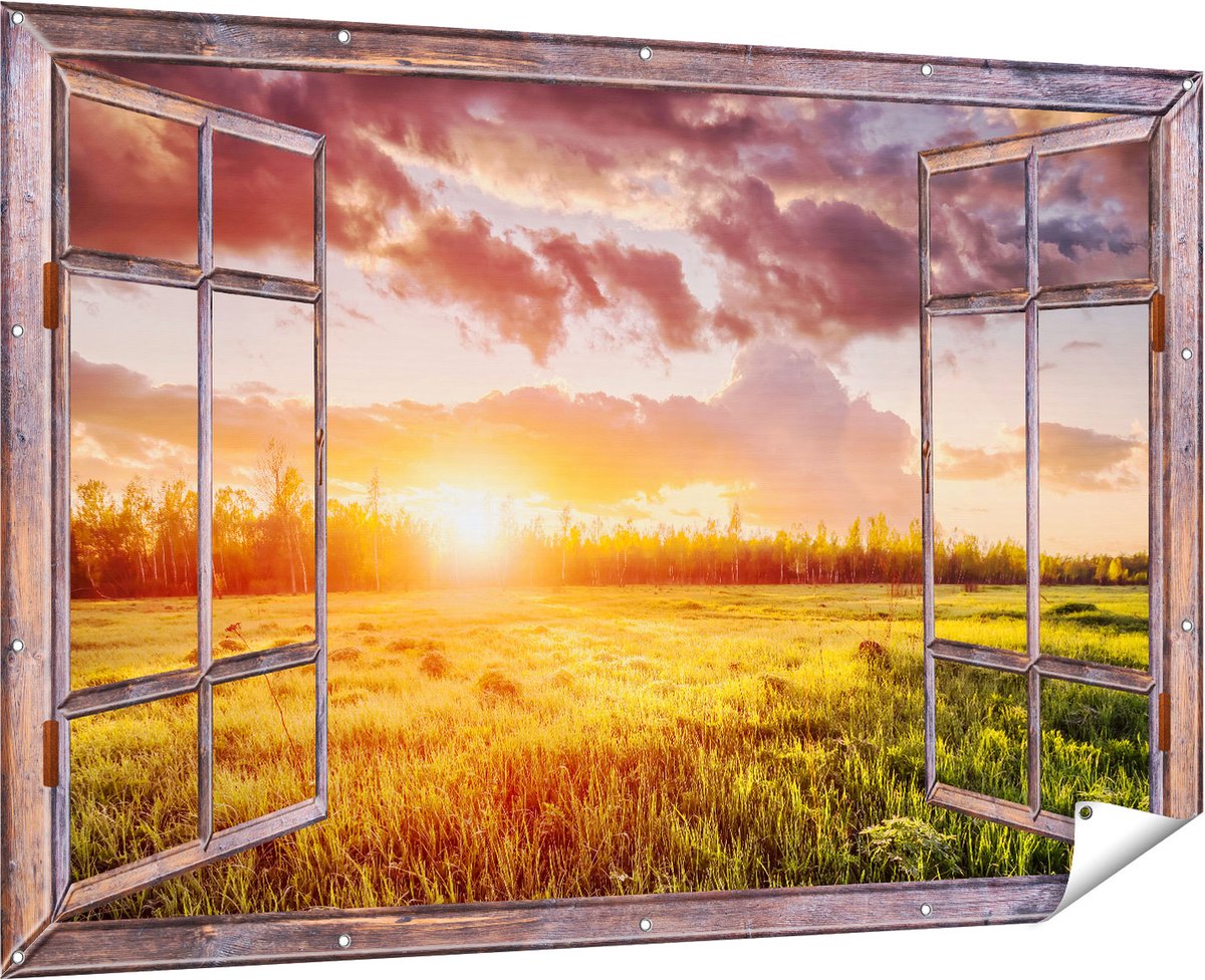 Gards Tuinposter Doorkijk Zonsopkomst in het Veld - 180x120 cm - Tuindoek - Tuindecoratie - Wanddecoratie buiten - Tuinschilderij Multikleur