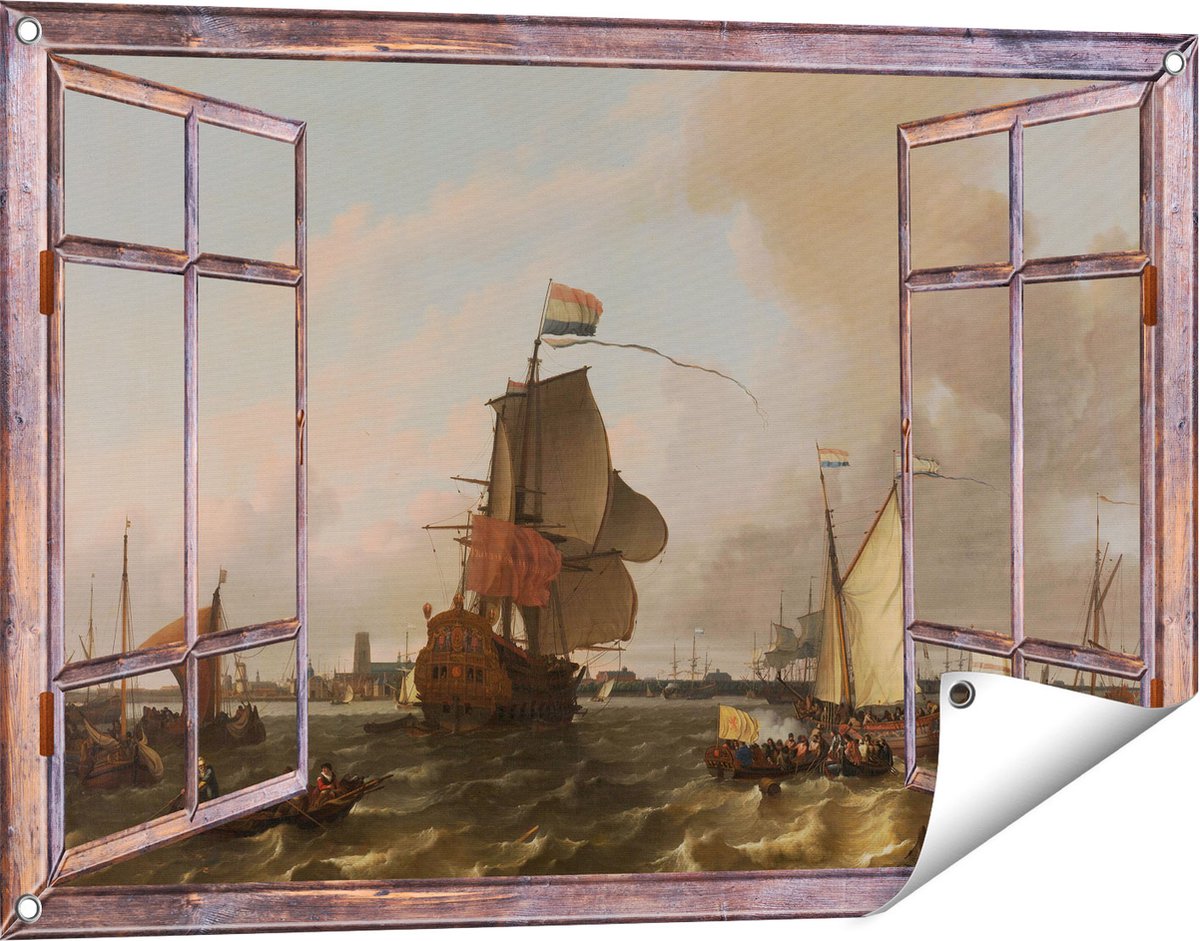 Gards Tuinposter Doorkijk Het Oorlogsschip Brielle op de Maas voor Rotterdam - Ludolf Bakhuysen - 90x60 cm - Tuindoek - Tuindecoratie - Wanddecoratie buiten - Tuinschilderij bruin