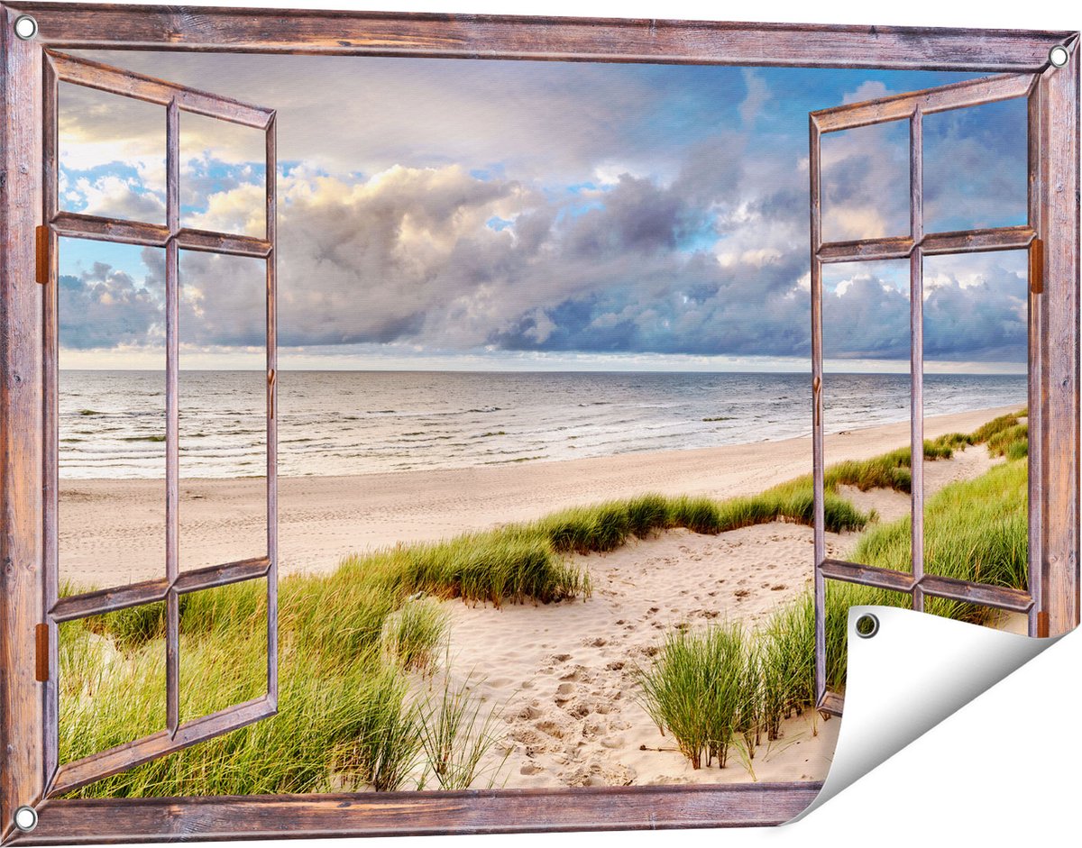 Gards Tuinposter Doorkijk Strand en Duinen met Bewolking - 90x60 cm - Tuindoek - Tuindecoratie - Wanddecoratie buiten - Tuinschilderij Bruin