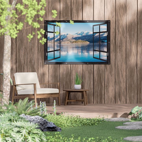 Gards Tuinposter Doorkijk Meer bij het Bergen Landschap in Noorwegen - 120x80 cm - Tuindoek - Tuindecoratie - Wanddecoratie buiten - Tuinschilderij