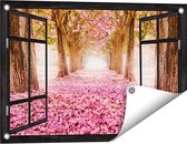 Gards Tuinposter Doorkijk Romantische Bomen Tunnel met Roze Anjers - 60x40 cm - Tuindoek - Tuindecoratie - Wanddecoratie buiten - Tuinschilderij