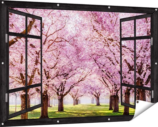 Gards Tuinposter Doorkijk Roze Bloesembomen Park - Bloemen - 150x100 cm - Tuindoek - Tuindecoratie - Wanddecoratie buiten - Tuinschilderij