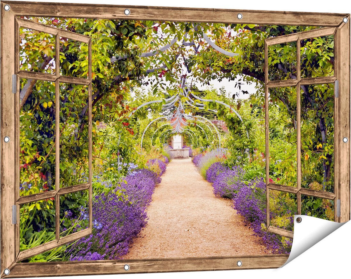 Gards Tuinposter Doorkijk Lavendel Pad - 120x80 cm - Tuindoek - Tuindecoratie - Wanddecoratie buiten - Tuinschilderij Licht bruin