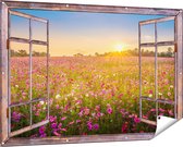 Gards Tuinposter Doorkijk Bloemenveld met Roze Kosmos - 150x100 cm - Tuindoek - Tuindecoratie - Wanddecoratie buiten - Tuinschilderij