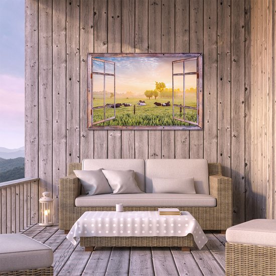 Gards Tuinposter Doorkijk Koeien in de Wei tijdens Zonsopgang - 120x80 cm - Tuindoek - Tuindecoratie - Wanddecoratie buiten - Tuinschilderij