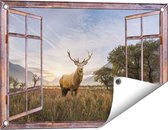 Gards Tuinposter Doorkijk Hert in het Landschap - 60x40 cm - Tuindoek - Tuindecoratie - Wanddecoratie buiten - Tuinschilderij