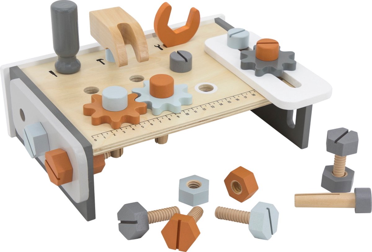 Tryco Wooden Table Workbench - Houten Werkbank - Bouten Moeren Tandwielen en Gereedschap - Stimuleert Motoriek en Fantasie - Vanaf 3 Jaar