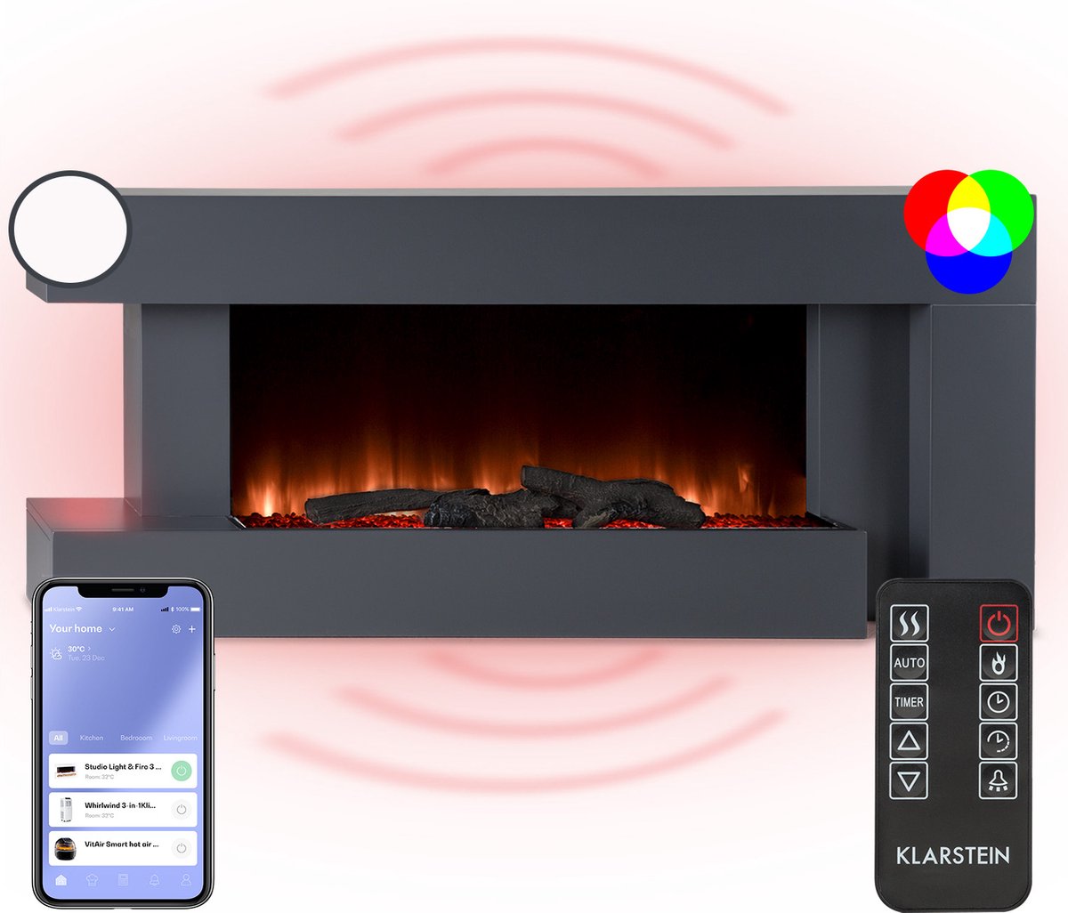 Klarstein Studio Light & Fire 2 Smart Haard - LED Vlammenillusie - Verwarmingsfunctie Met 1000/ 2000W - Wifi-Bediening - Sfeerverlichting - Helderheid Vlammen: 5 Standen - Vlammen: 7 Kleuren - Aan/Uit Timer - MDF Behuizing - LED-Display - Zwart