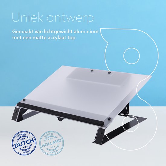 Zwarte documenthouder met mat acryl leesoppervlak. Tekst: "Uniek ontwerp. Gemaakt van lichtgewicht aluminium met een matte acryl top."