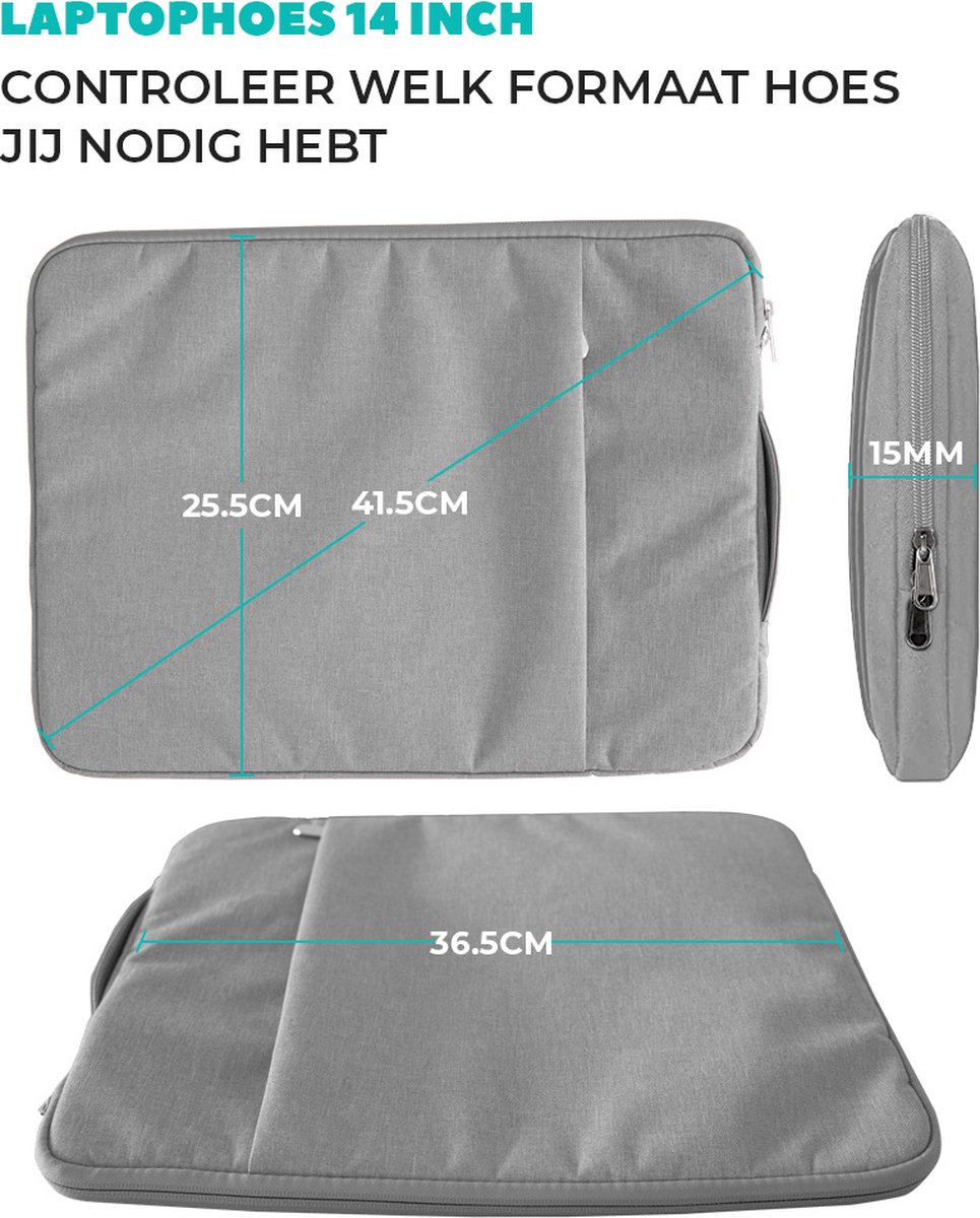 Laptophoes 14-15,6 inch waterafstotend krasbestendig soft velvet binnenkant lichtgewicht grijs met ritssluiting - Afbeelding 2