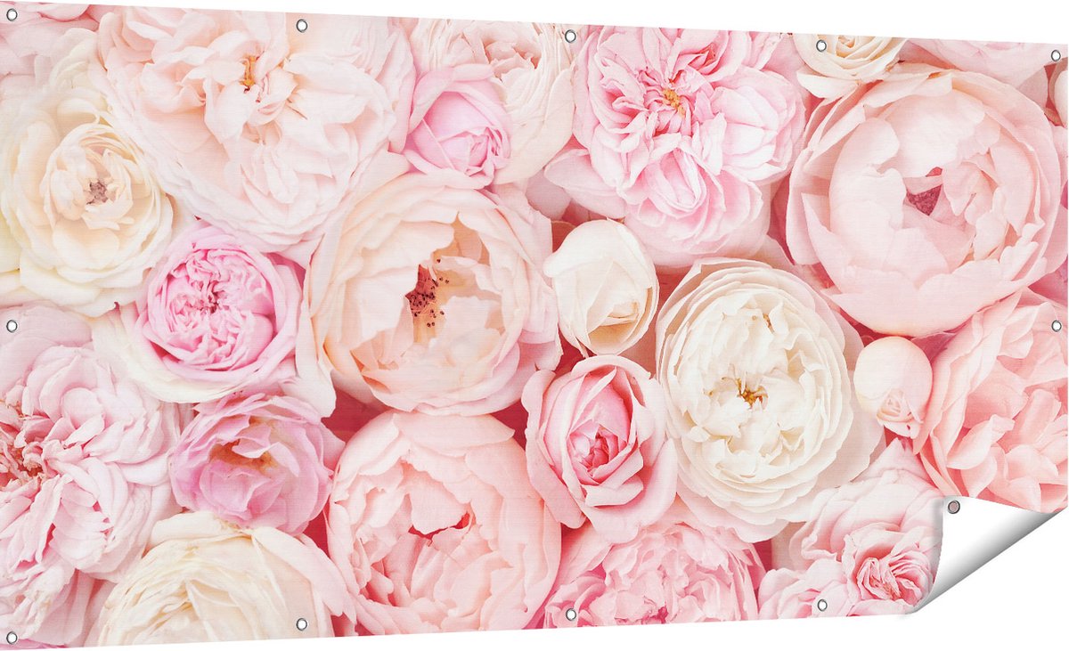 Gards Tuinposter Witte Roze Rozen Boeket - Bloemen - 180x90 cm - Tuindoek - Tuindecoratie - Wanddecoratie buiten - Tuinschilderij Multikleur