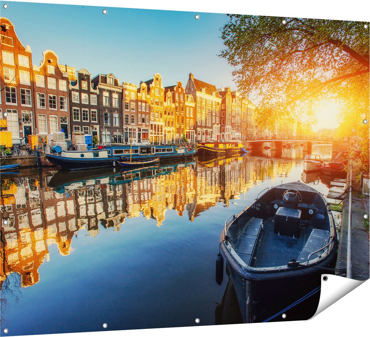 Gards Tuinposter Amsterdamse Gracht bij Zonsondergang - 160x120 cm - Tuindoek - Tuindecoratie - Wanddecoratie buiten - Tuinschilderij Multikleur