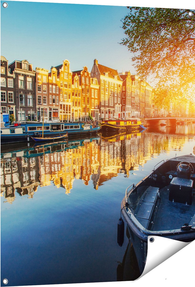 Gards Tuinposter Amsterdamse Gracht bij Zonsondergang - 80x100 cm - Tuindoek - Tuindecoratie - Wanddecoratie buiten - Tuinschilderij Multikleur