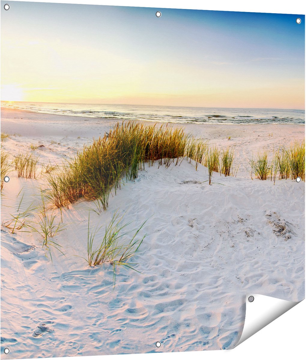 Gards Tuinposter Strand en Duinen tijdens Zonsondergang - 100x100 cm - Tuindoek - Tuindecoratie - Wanddecoratie buiten - Tuinschilderij Multikleur