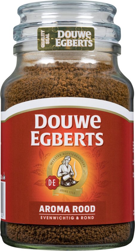 Douwe Egberts Aroma rood oploskoffie in glazen pot, met rode etiket met "Douwe Egberts" en "Aroma Rood".