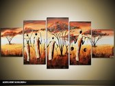 Schilderij -  Afrika - Geel, Bruin - 150x70cm 5Luik - GroepArt - Handgeschilderd Schilderij - Canvas Schilderij - Wanddecoratie - Woonkamer - Slaapkamer - Geschilderd Door Onze Kunstenaars 2000+Collectie Maatwerk Mogelijk