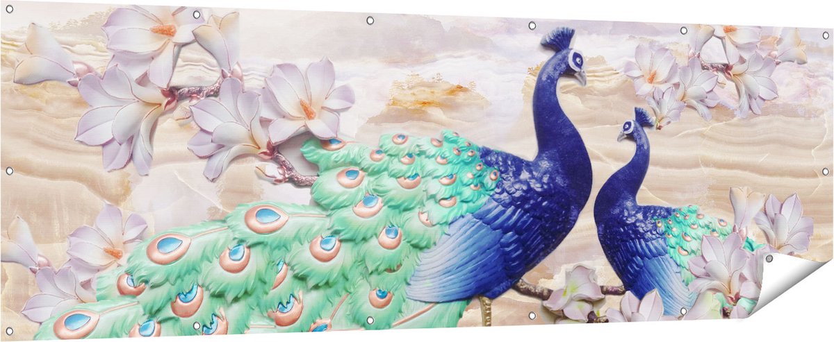 Gards Tuinposter Twee Pauwen bij Elkaar met Bloemen - Liefde - 210x70 cm - Tuindoek - Tuindecoratie - Wanddecoratie buiten - Tuinschilderij Multikleur