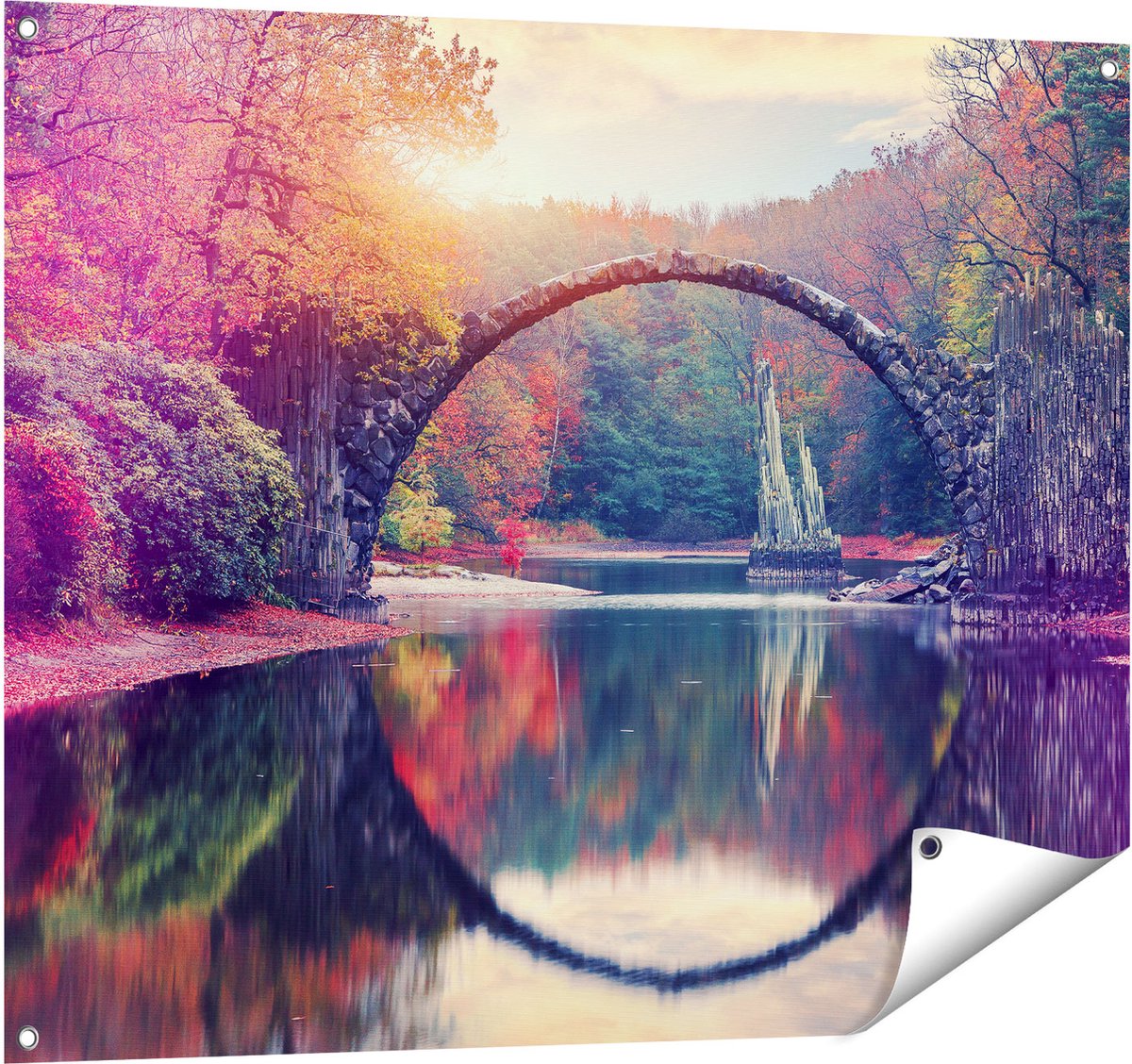 Gards Tuinposter Rakotz Brug in Duitsland in de Herfst - 100x80 cm - Tuindoek - Tuindecoratie - Wanddecoratie buiten - Tuinschilderij Multikleur
