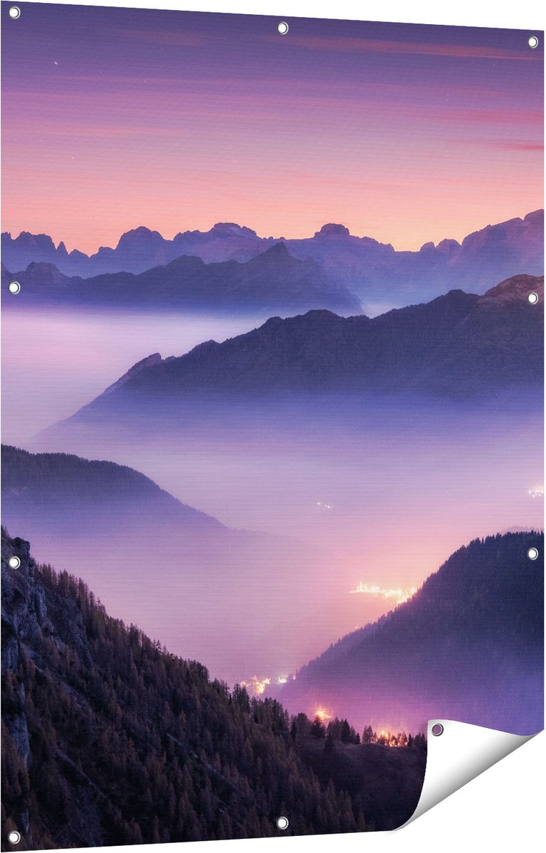 Gards Tuinposter Bergen Landschap in Itali� tijdens Zonsondergang - 90x120 cm - Tuindoek - Tuindecoratie - Wanddecoratie buiten - Tuinschilderij Multikleur