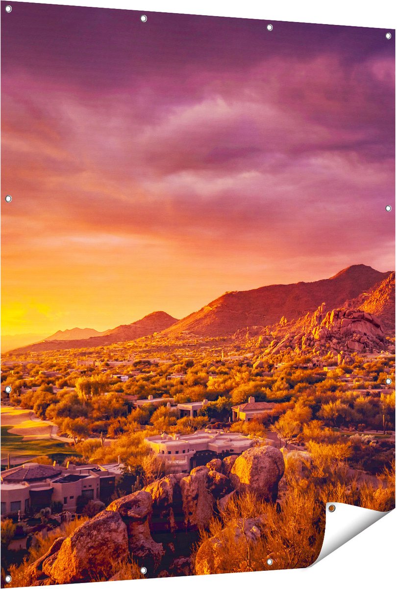 Gards Tuinposter Woestijn Landschap met Zonsondergang - 120x150 cm - Tuindoek - Tuindecoratie - Wanddecoratie buiten - Tuinschilderij Multikleur