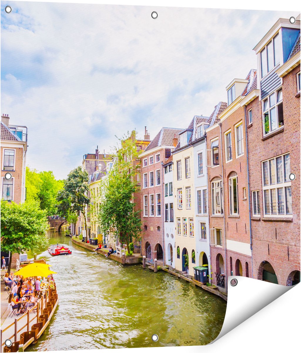 Gards Tuinposter Huizen aan de Oudegracht in Utrecht - 80x80 cm - Tuindoek - Tuindecoratie - Wanddecoratie buiten - Tuinschilderij Multikleur