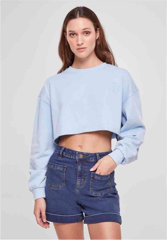 Urban Classics Crewneck sweater/trui Cropped Flower Embroidery Terry Blauw
