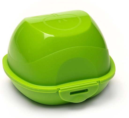 Groene fruitdoos met clipsluiting op witte achtergrond. Een appeltje is in de deksel gedrukt.