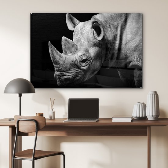 MuchoWow - Peinture sur verre - Photo sur verre - Peinture sur verre - Verre acrylique - Animaux - Rhinocéros - Zwart - Wit - Décoration murale - 90x60 cm - Salon - Décoration murale animaux - Décoration maison