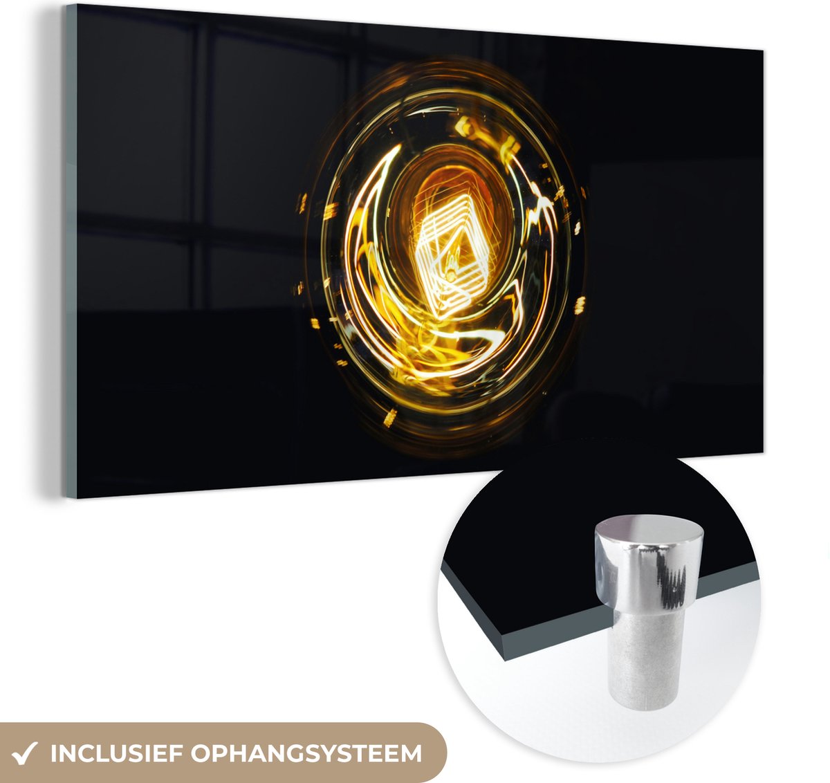 ® Glasschilderij 120x60 cm - Schilderij acrylglas - Gloeilamp - Goud - Zwart - Luxe - Foto