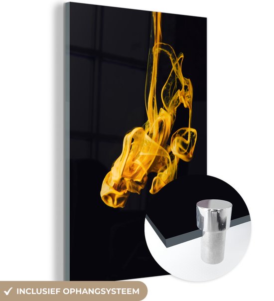 Glasschilderij zwart goud - Verf - Goud - Zwart - Abstract - 100x150 cm - Foto op glas - Woonkamer decoratie