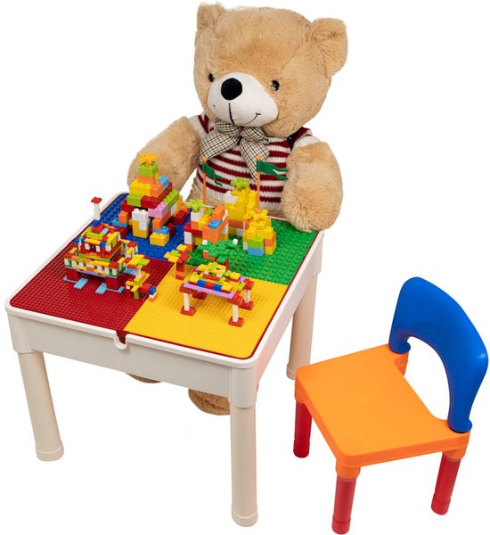 Kindertafel met 2 Stoeltjes - Speeltafel met bouwplaat en vlakke kant - Geschikt voor Lego® & Duplo® Bouwstenen
