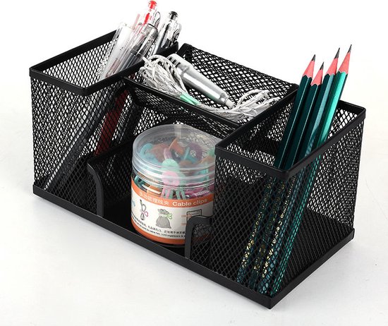 Foto: Pennenbak met 4 vakken pennenhouder desk bureau organizer pennenbakje metaal mesh pennenbakjes zwart