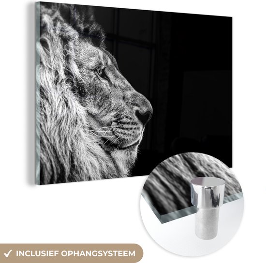 MuchoWow® Glasschilderij 60x40 cm - Schilderij acrylglas - Leeuw - Profiel - Zwart - Wit - Foto op glas - Schilderijen