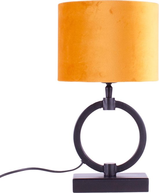 Tafellamp ring met velours kap Davon | 1 lichts | geel / goud / zwart | metaal / stof | Ø 15 cm | 37 cm hoog | modern / sfeervol design