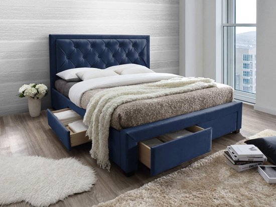 indruk Goedaardig bijlage Bed met lades 160 x 200 cm - Stof van blauw velours + matras - LEOPOLD L  216.5 cm x H... | bol.com