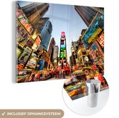 MuchoWow® Glasschilderij 150x100 cm - Schilderij acrylglas - New York - Nacht - Plein - Foto op glas - Schilderijen