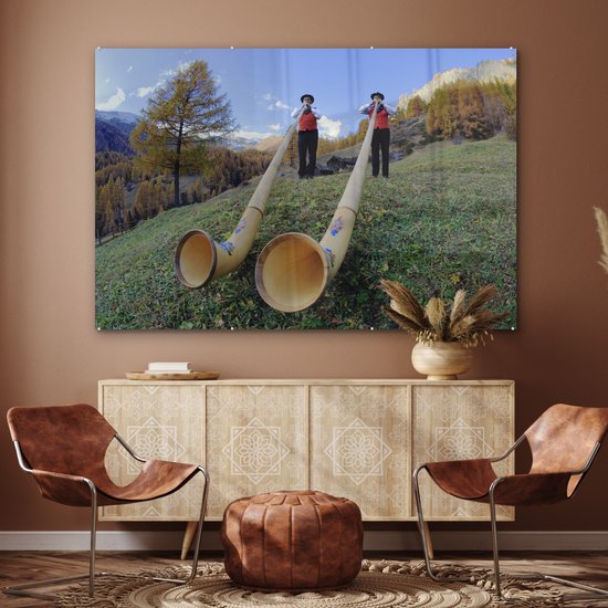 MuchoWow® Peinture sur verre 150x100 cm - Peinture sur verre acrylique - Alpes - Homme - Cor des Alpes - Photo sur verre - Peintures