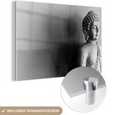 MuchoWow® Glasschilderij 30x20 cm - Schilderij acrylglas - Boeddha beeld fotoprint - zwart wit - Foto op glas - Schilderijen