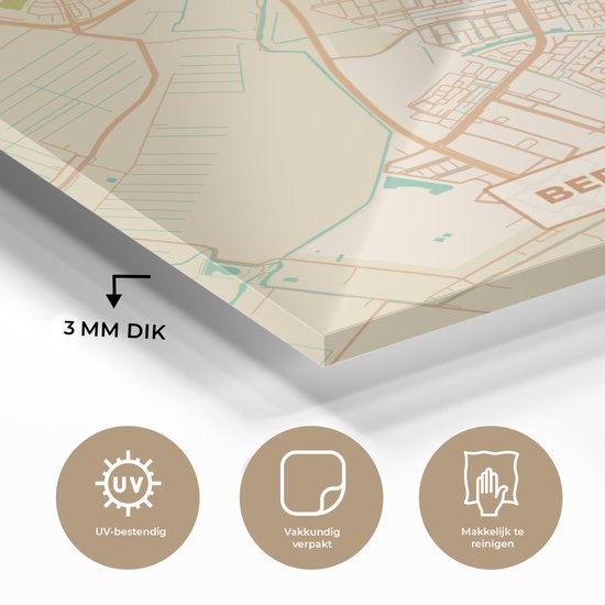 Peinture sur Verre - Carte de la Ville - Berkel en Rodenrijs - Vintage - 50x50 cm - Peintures sur Verre Peintures - Photo sur Glas