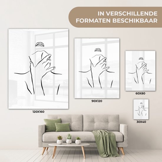 MuchoWow® Glasschilderij 60x80 cm - Schilderij acrylglas - Abstracte line art van een vrouw met een hand op haar nek - Foto op glas - Schilderijen