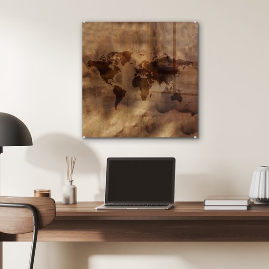 MuchoWow® Glasschilderij 50x50 cm - Schilderij acrylglas - Wereldkaart - Retro - Bruin - Foto op glas - Schilderijen