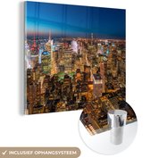 MuchoWow® Glasschilderij 90x90 cm - Schilderij glas - New York - Kleuren - Nacht - Foto op acrylglas - Schilderijen
