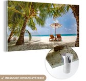 MuchoWow® Glasschilderij 120x60 cm - Schilderij acrylglas - Strand - Strandstoel - Parasol - Foto op glas - Schilderijen