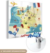MuchoWow® Glasschilderij 90x90 cm - Schilderij acrylglas - Geïllustreerde kaart van Frankrijk - Foto op glas - Schilderijen