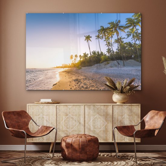MuchoWow® Peinture sur Verre - Palmiers sur la Plage Pendant le Lever du Soleil - 150x100 cm - Peintures sur Verre Acrylique - Photo sur Glas