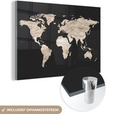 Peinture sur Verre - Carte du Wereldkaart - Beige- Zwart - 60x40 cm - Peintures sur Verre Peintures - Photo sur Glas