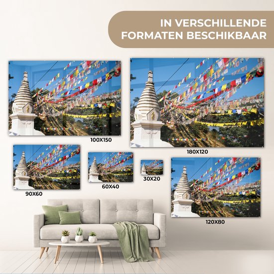 MuchoWow® Peinture sur Verre - Drapeaux de Prière au Stupa de Swayambhunath au Népal - 180x120 cm - Peintures sur Verre Peintures - Photo sur Glas