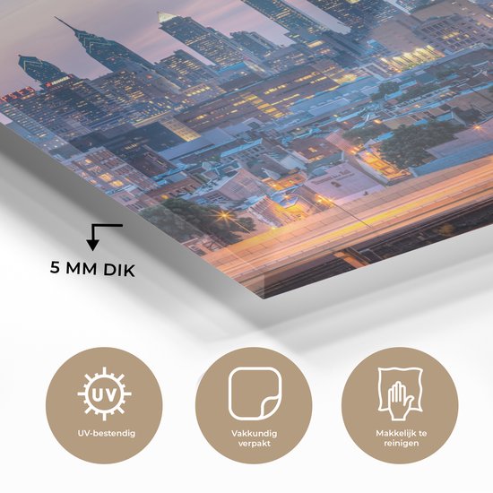 Coucher de soleil de Philadelphie aux Etats-Unis vu du pont Benjamin Franklin Plexiglas 160x120 cm - Tirage photo sur Glas (décoration murale plexiglas) XXL / Groot format!