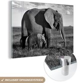 MuchoWow® Glasschilderij 120x80 cm - Schilderij acrylglas - Moeder en baby olifant door de savanne - zwart wit - Foto op glas - Schilderijen