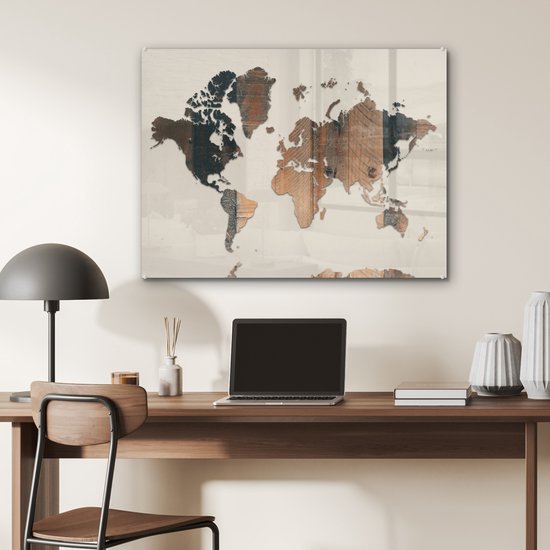 Peinture sur Verre - Carte du Wereldkaart - Bois - Planche - 80x60 cm - Peintures sur Verre Peintures - Photo sur Glas